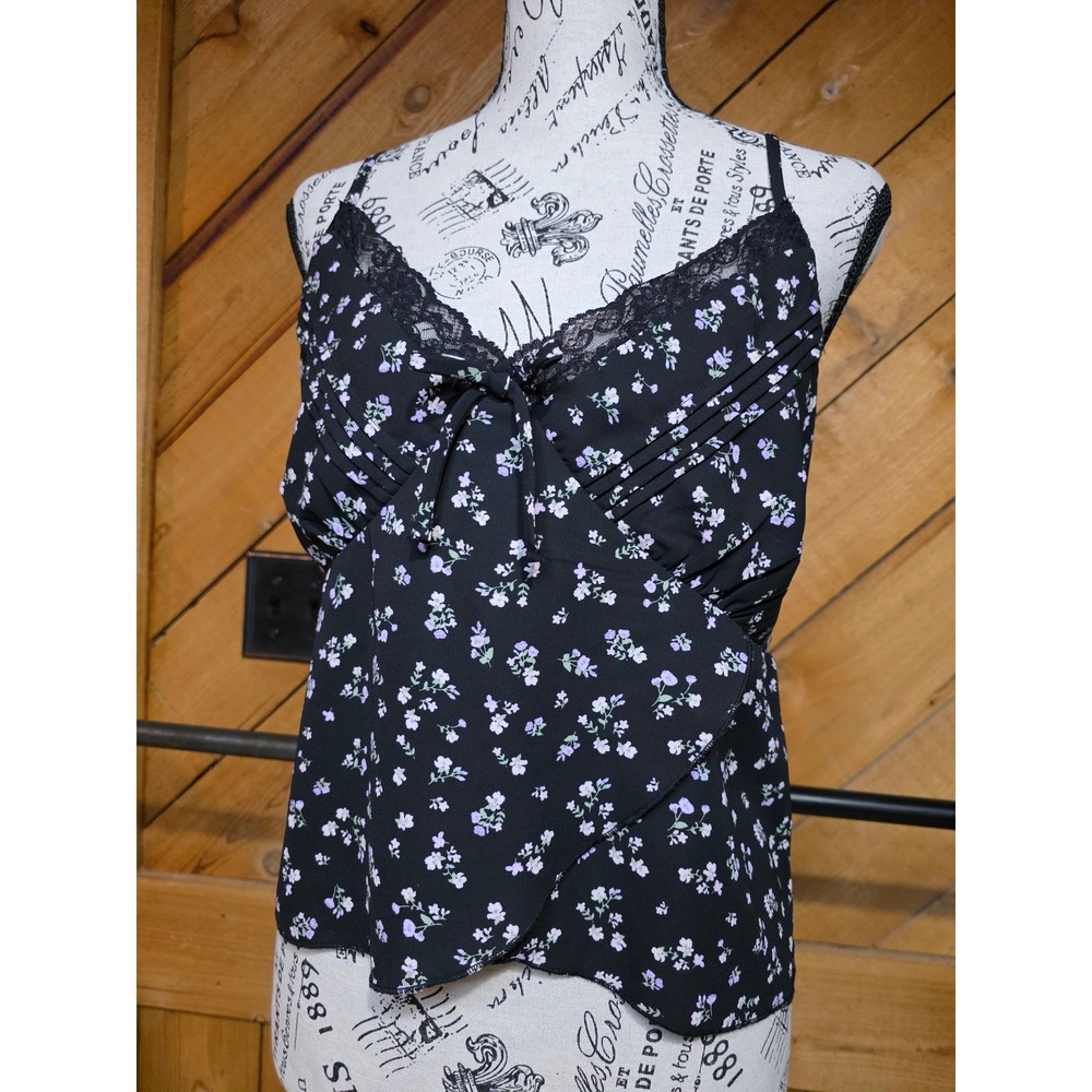 Selfie Womens XL Black Floral Lace Trim Camisole Adjustable Strap Pleated Top